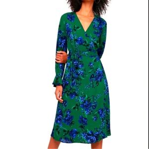 Lulus Romantic Blooms Green Blue Small Floral Print Midi Wrap Dress Long Sleeve